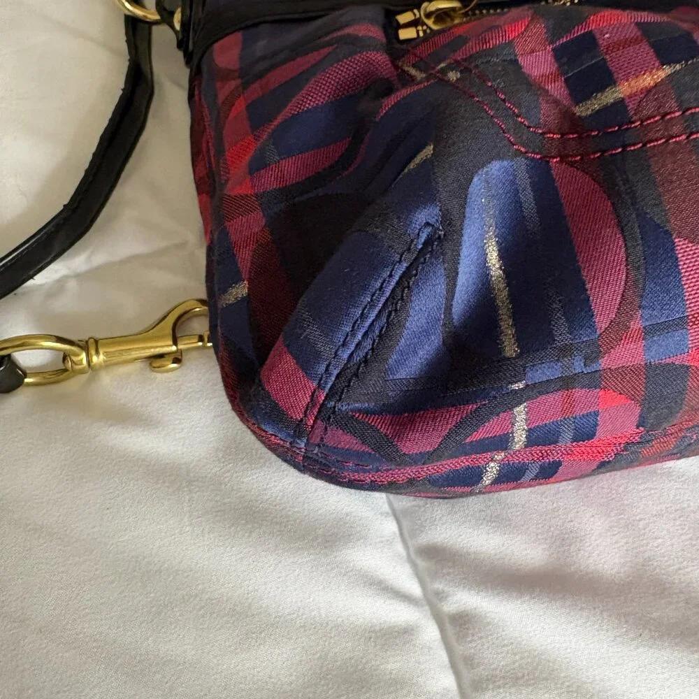 Coach Poppy 2way Shoulder Bag Red Blue Tartan Plaid Signature Canvas Patent Trim